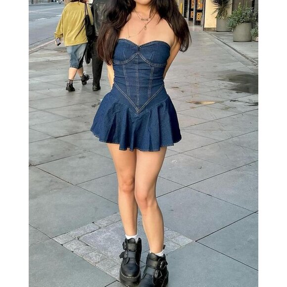 Women's Denim Mini Dress Strapless A-Line Casual Summer Fashion Lightweight - Picture 4 of 6